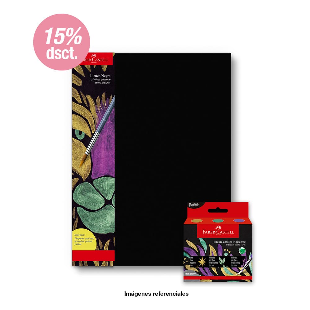 Pack Lienzo negro 30x40 cm + Pintura acrílica iridiscente – Faber-Castell  Perú