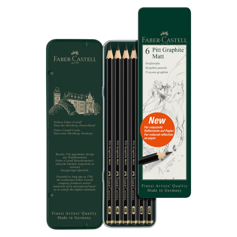 Lápiz grafito mate Pitt Graphite Matt set x 6 piezas en estuche de metal